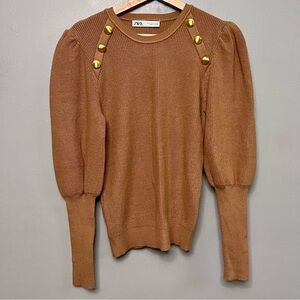 ZARA Women’s Tan Tight Knit Sweater W/ Gold Button Accents Size XL
